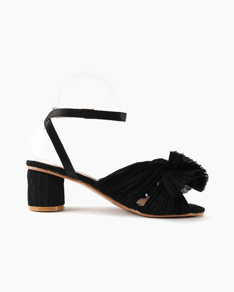 Pleated Bow Open Toe Chunky Block Slingback Heel Sandals