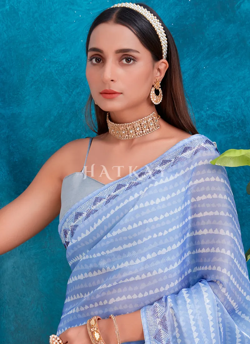 Powder Blue Crystal Stone Work Embroidery Silk Saree