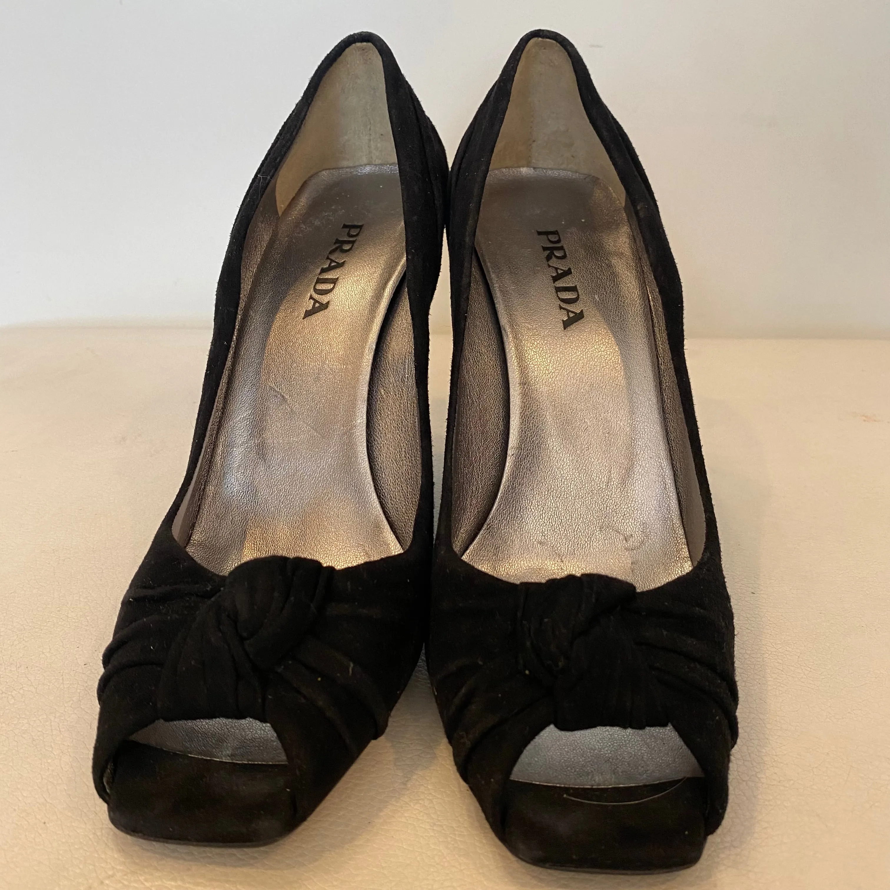 PRADA Black Suede Wedge Peep Toe Size 37