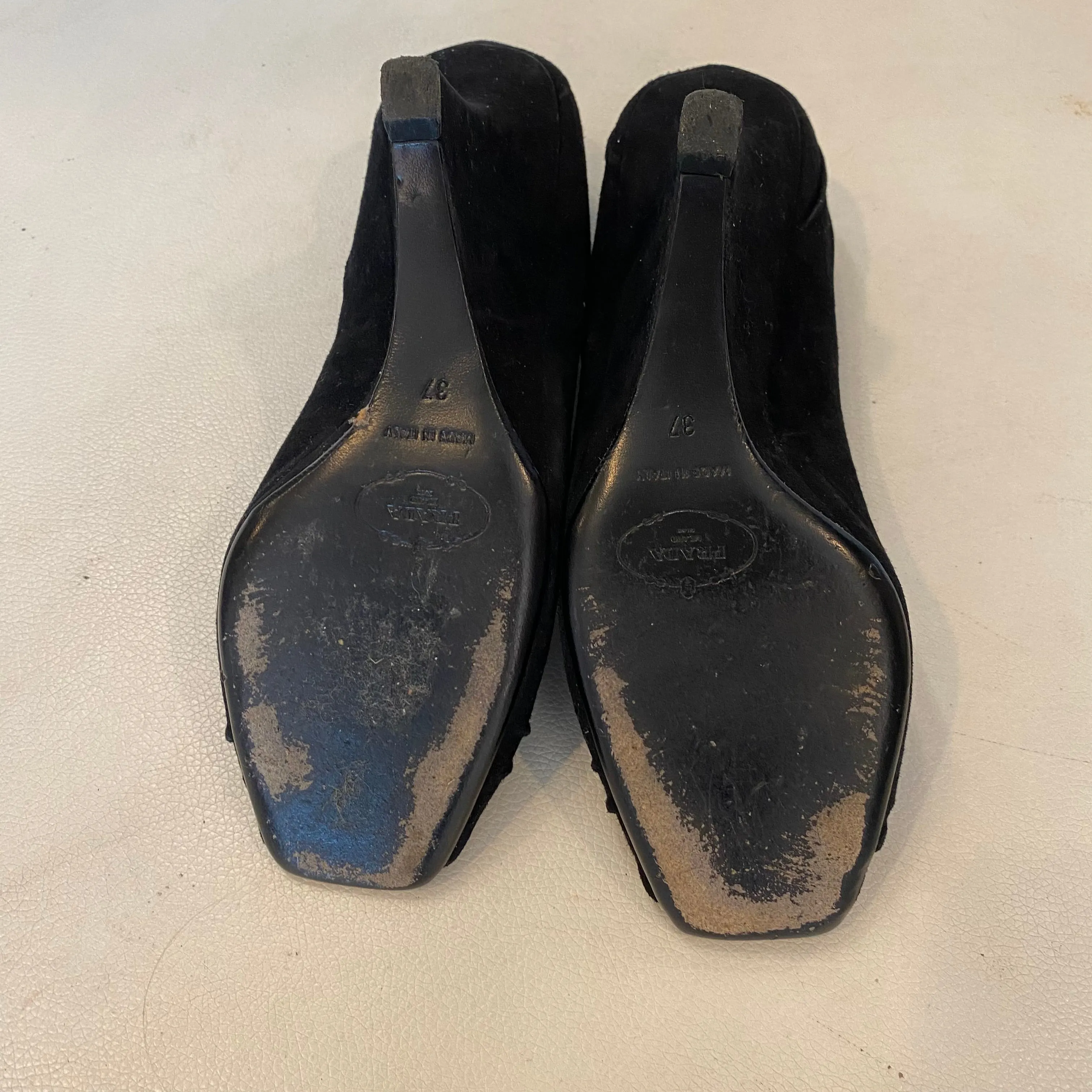 PRADA Black Suede Wedge Peep Toe Size 37