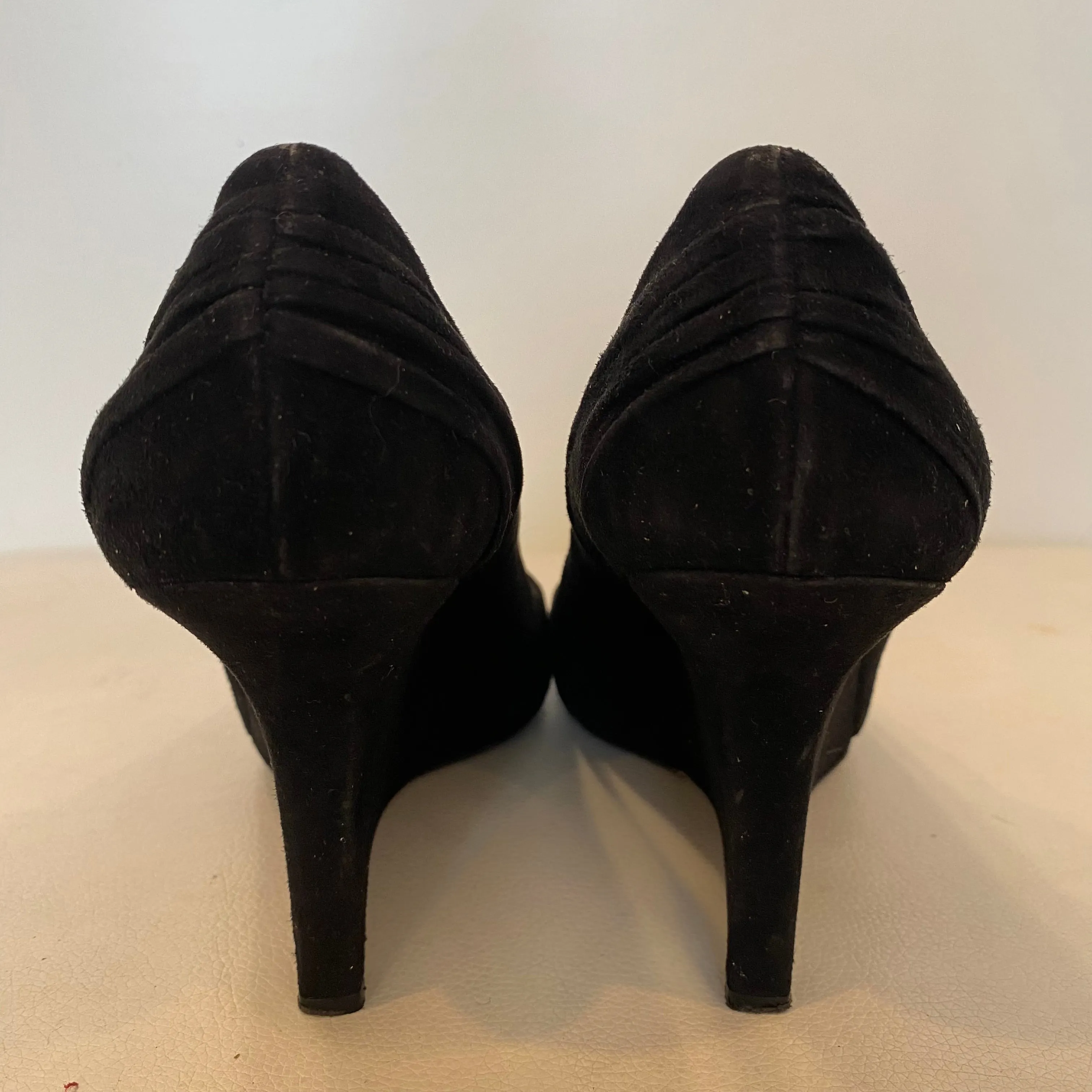 PRADA Black Suede Wedge Peep Toe Size 37