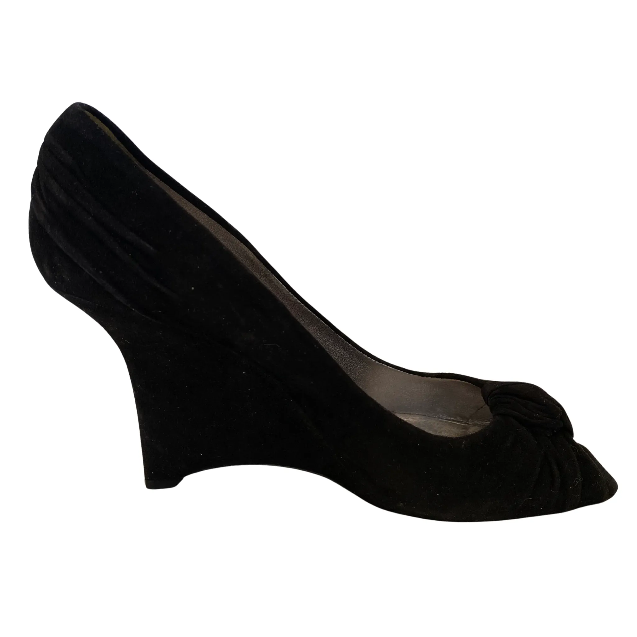 PRADA Black Suede Wedge Peep Toe Size 37