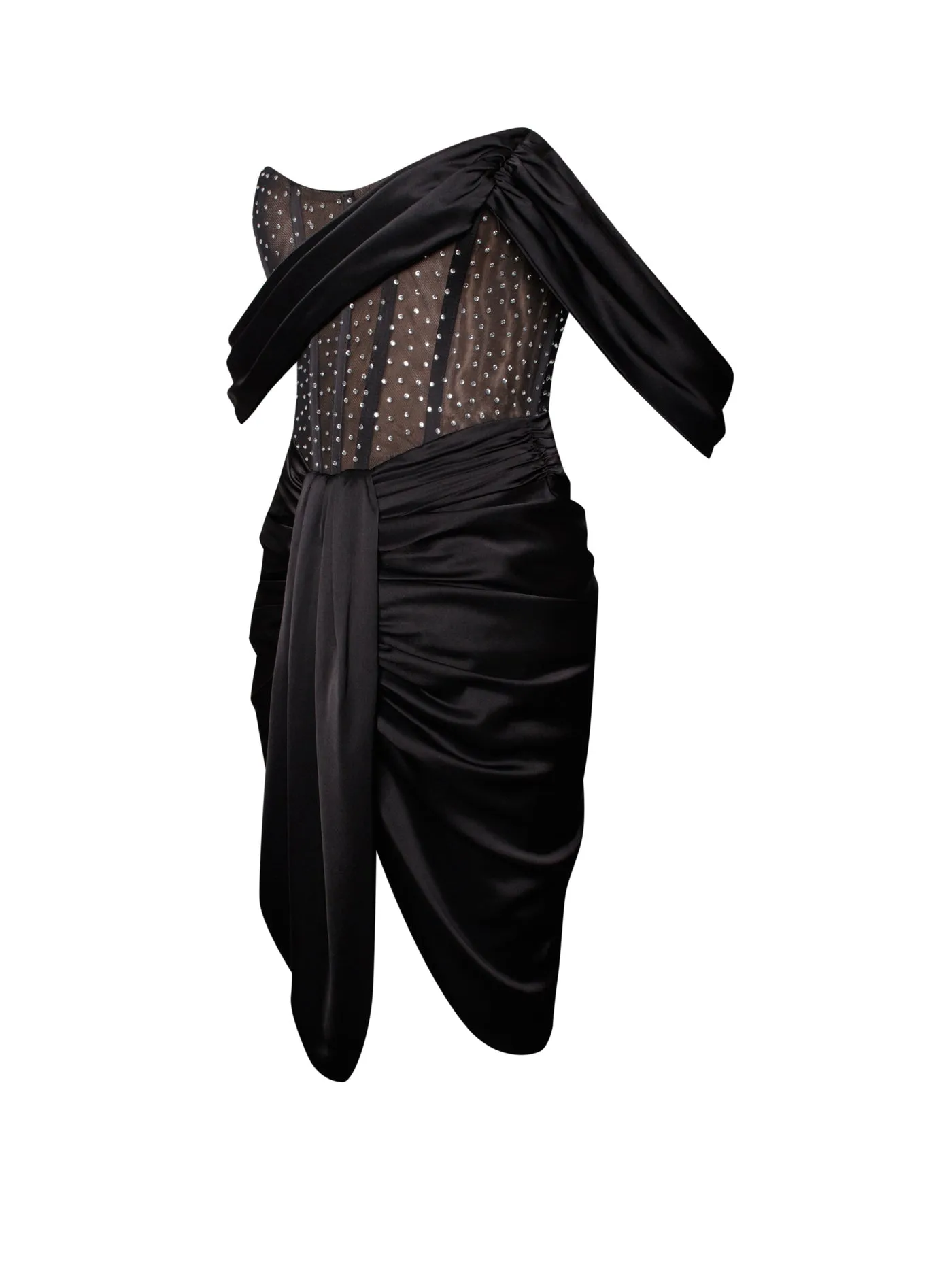 PRE-ORDER Elena Off Shoulder Corset Satin Dress with Crystals x Black