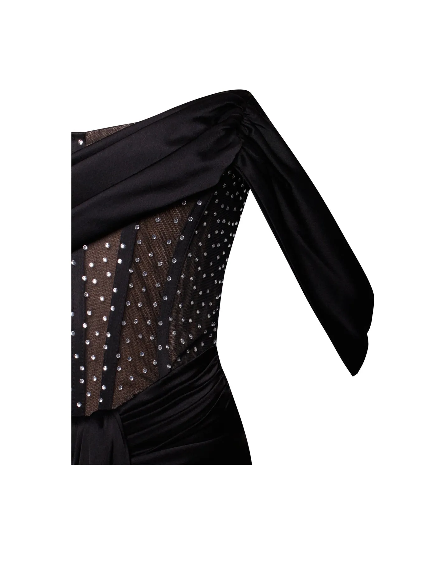PRE-ORDER Elena Off Shoulder Corset Satin Dress with Crystals x Black
