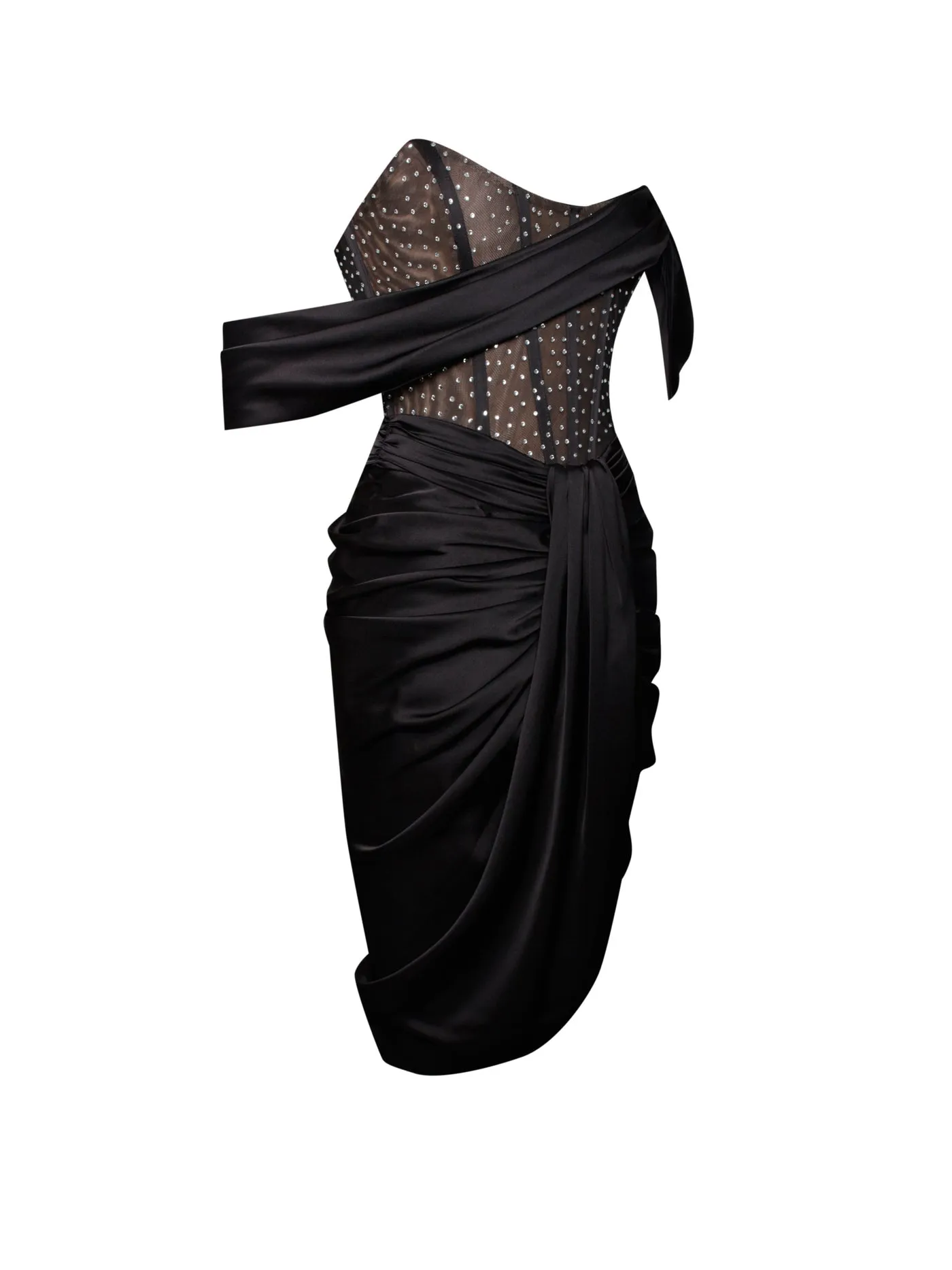 PRE-ORDER Elena Off Shoulder Corset Satin Dress with Crystals x Black
