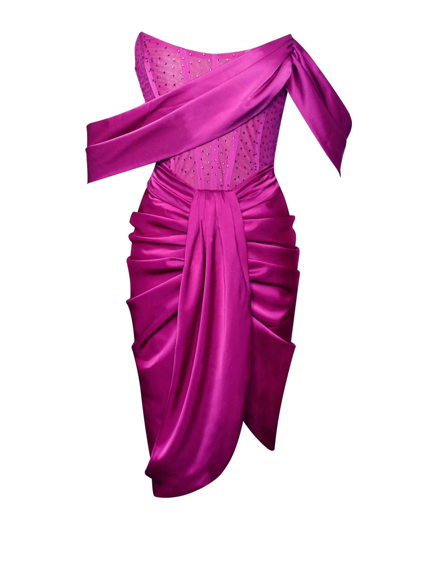 PRE-ORDER Elena Off Shoulder Corset Satin Dress with Crystals x Fuschia