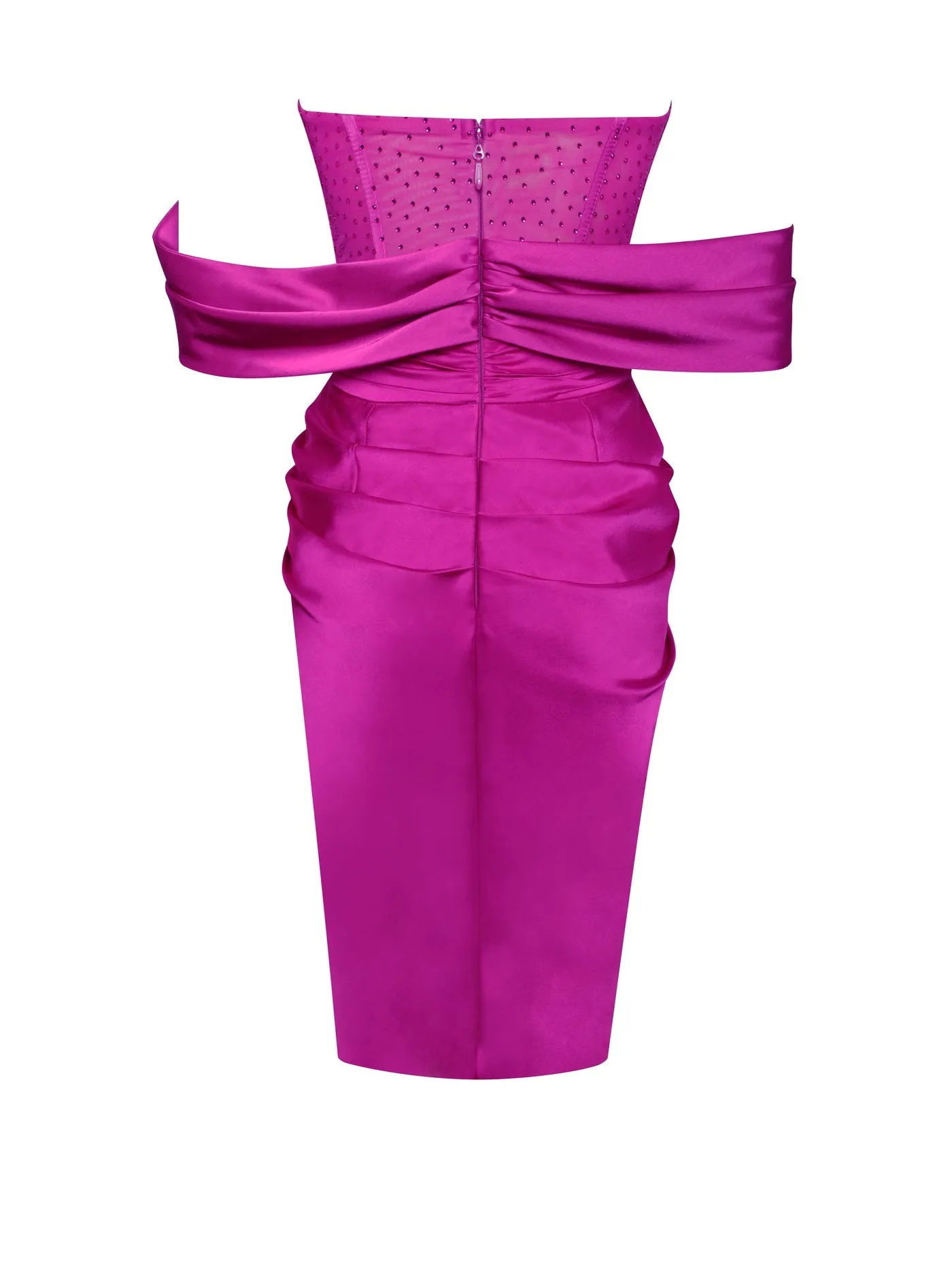 PRE-ORDER Elena Off Shoulder Corset Satin Dress with Crystals x Fuschia