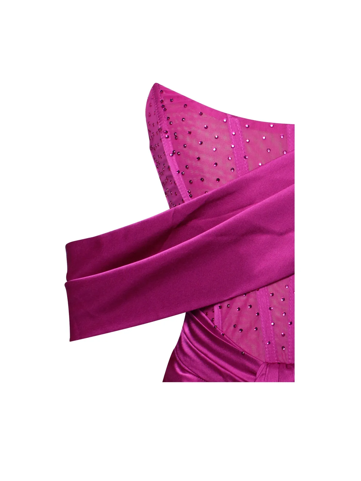 PRE-ORDER Elena Off Shoulder Corset Satin Dress with Crystals x Fuschia