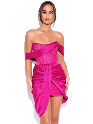 PRE-ORDER Elena Off Shoulder Corset Satin Dress with Crystals x Fuschia