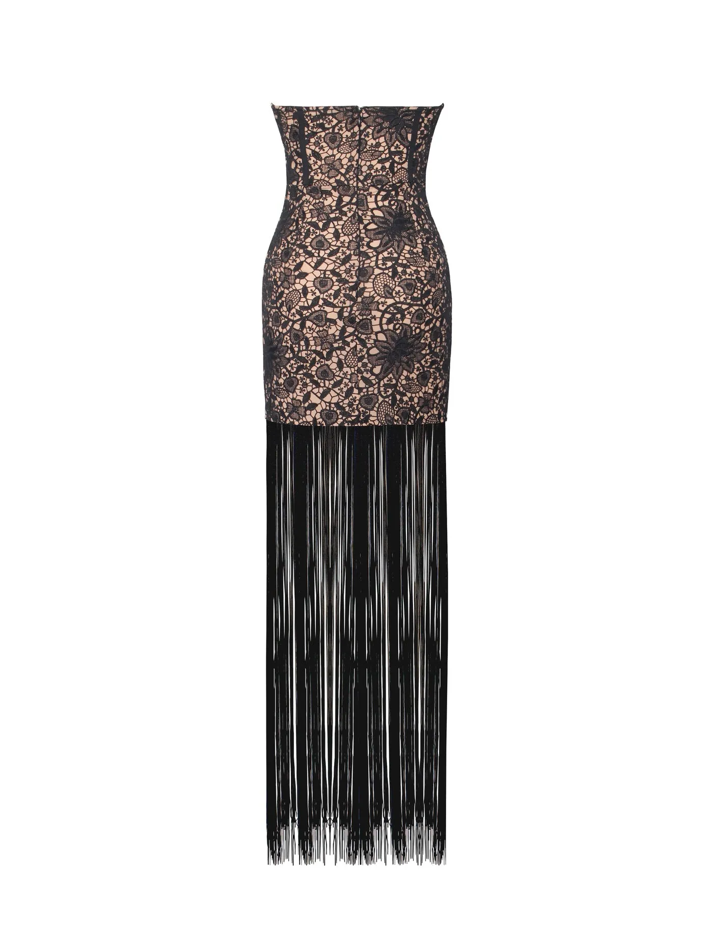 PRE-ORDER String Me Along Lace Fringed Strapless Dress x Black