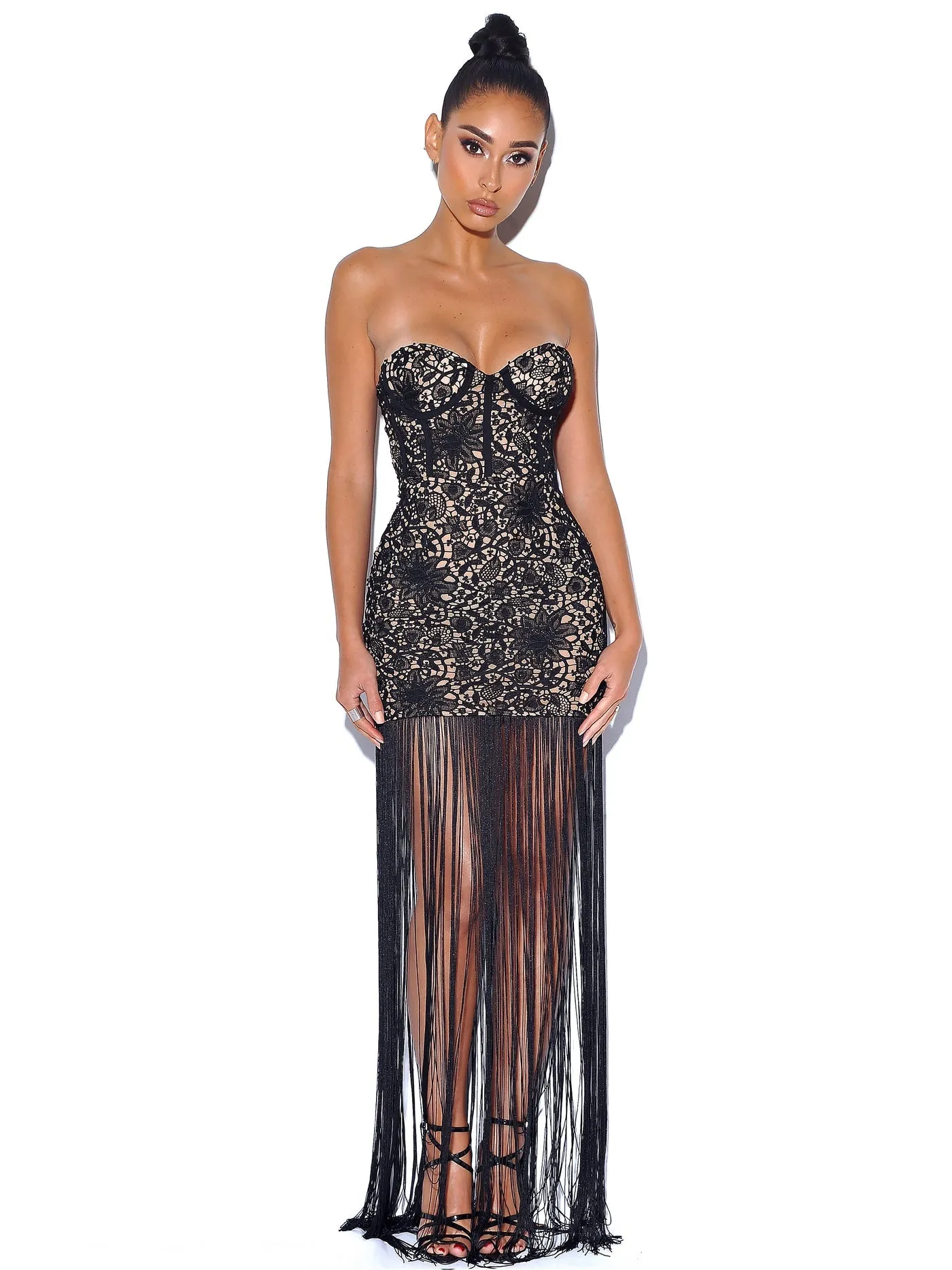 PRE-ORDER String Me Along Lace Fringed Strapless Dress x Black