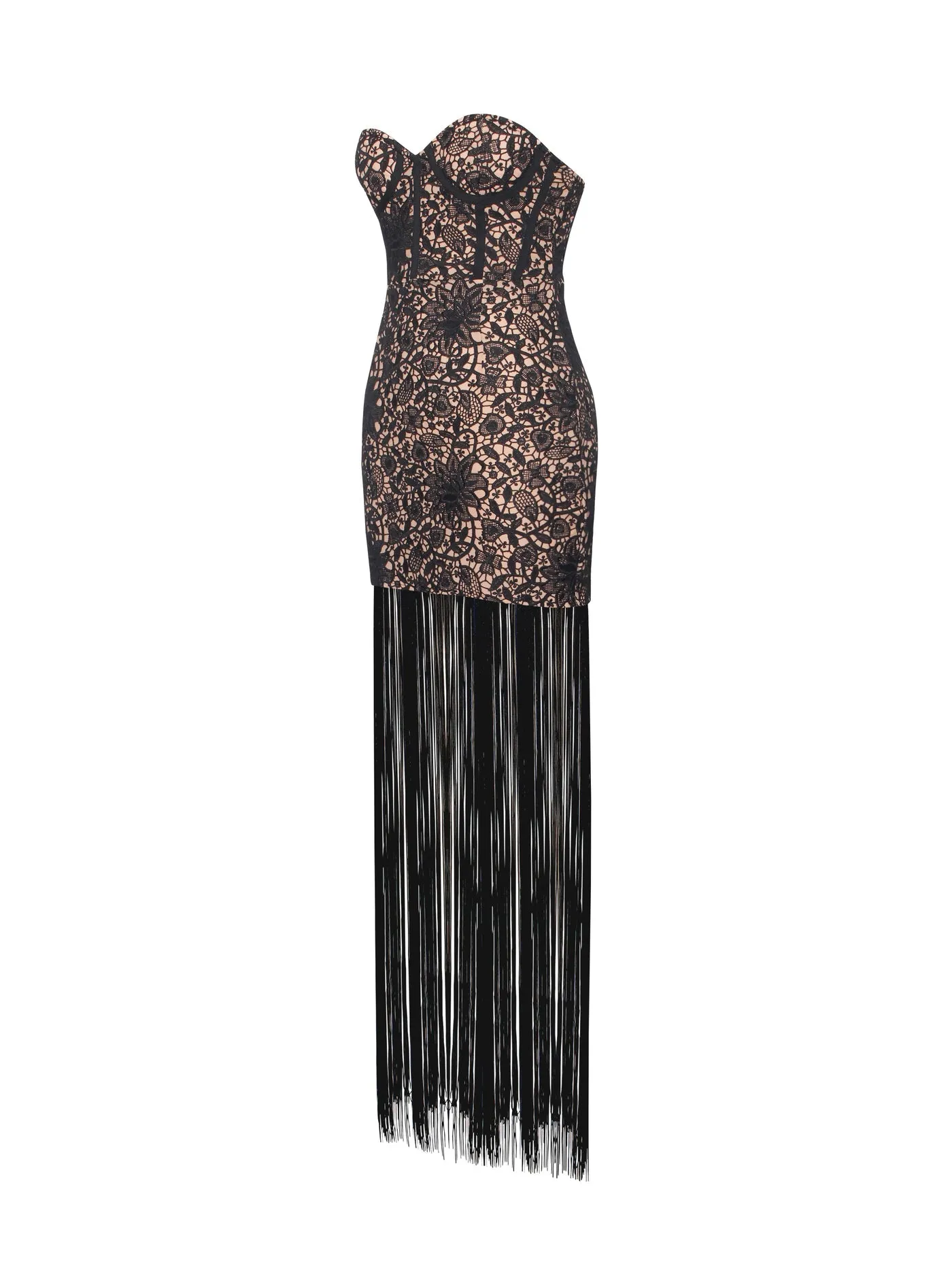 PRE-ORDER String Me Along Lace Fringed Strapless Dress x Black