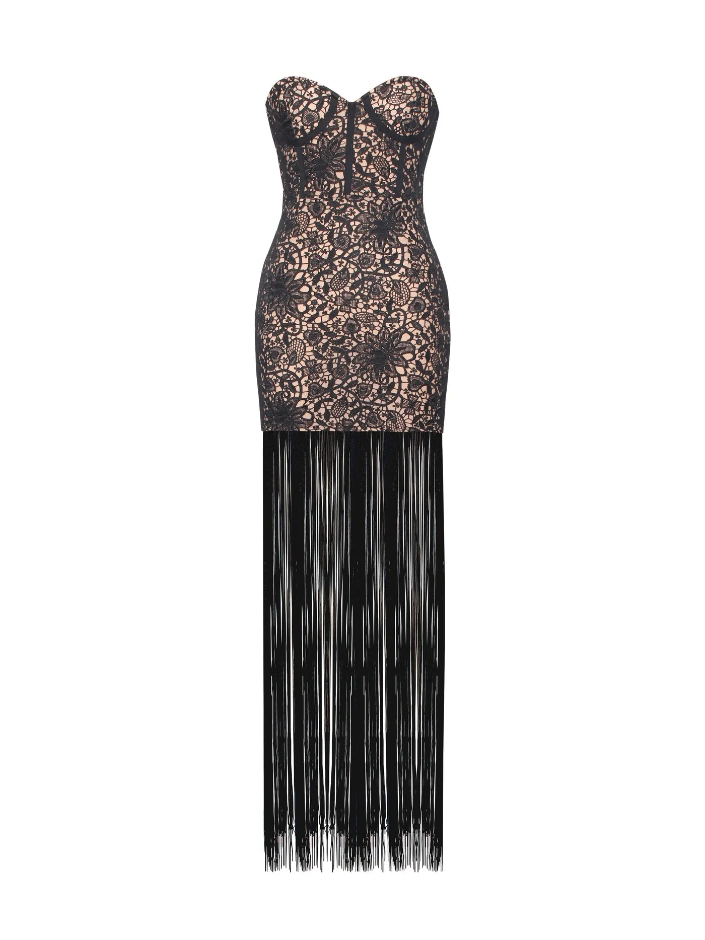 PRE-ORDER String Me Along Lace Fringed Strapless Dress x Black