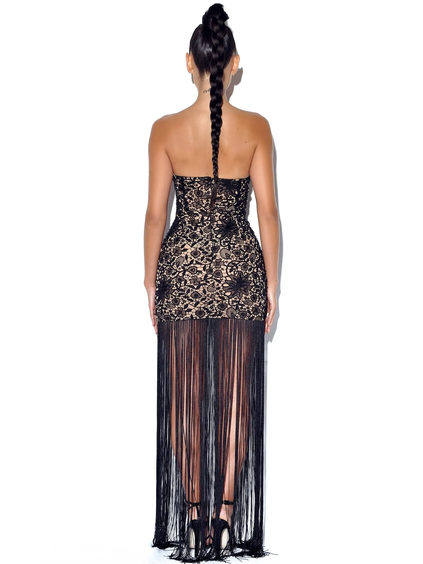 PRE-ORDER String Me Along Lace Fringed Strapless Dress x Black