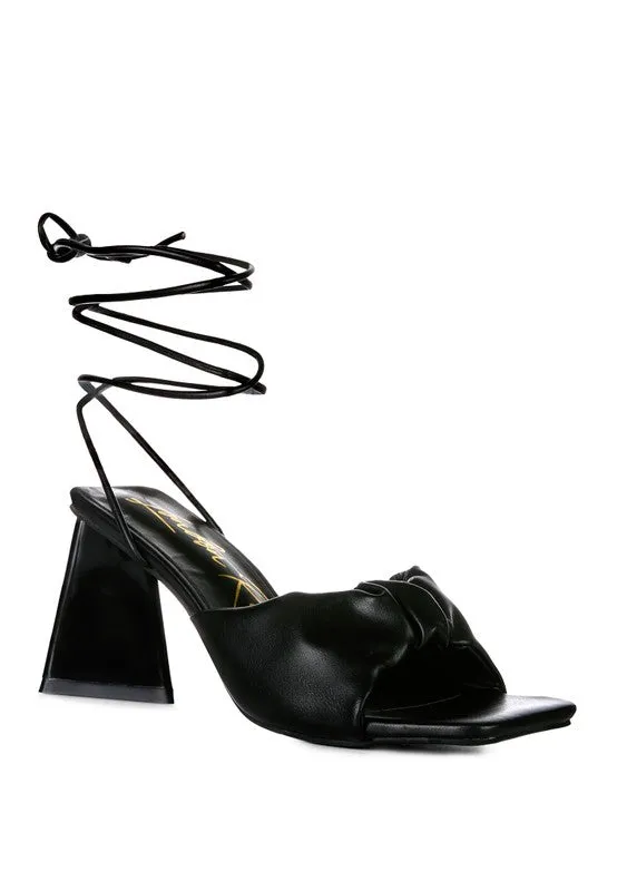 Primavera Ruched Triangular Heel Lace Up Sandal 3" Heels
