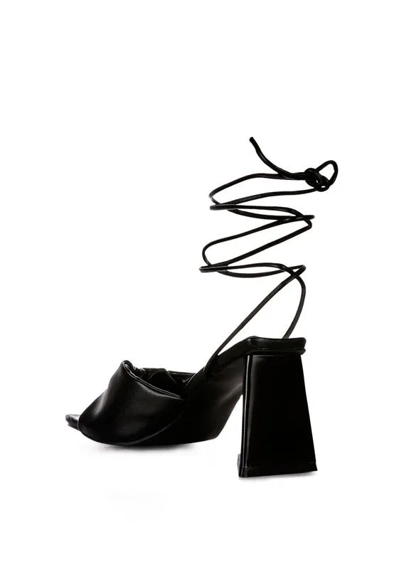 Primavera Ruched Triangular Heel Lace Up Sandal 3" Heels