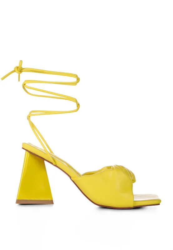 Primavera Ruched Triangular Heel Lace Up Sandal 3" Heels