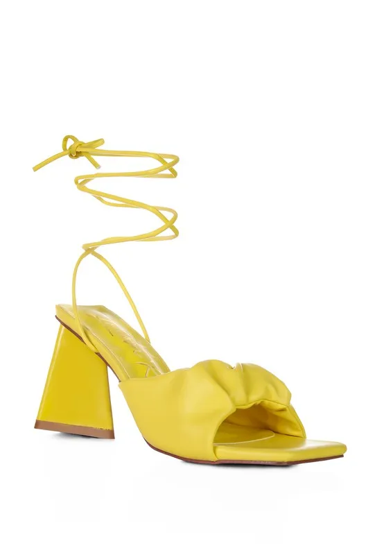 Primavera Ruched Triangular Heel Lace Up Sandal 3" Heels