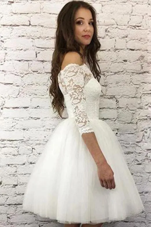 Princess A Line Off the Shoulder White Homecoming Dresses Long Sleeves OHM024