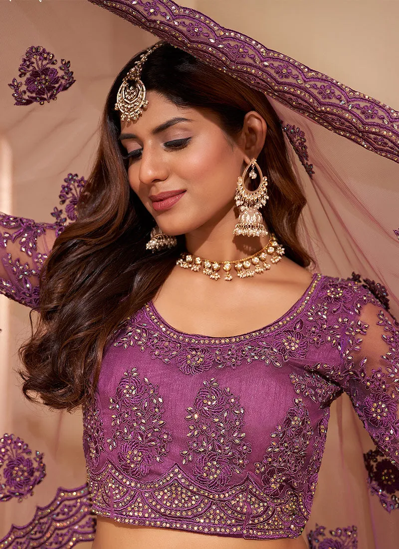 Purple Crystal Embroidered Wedding Lehenga Choli