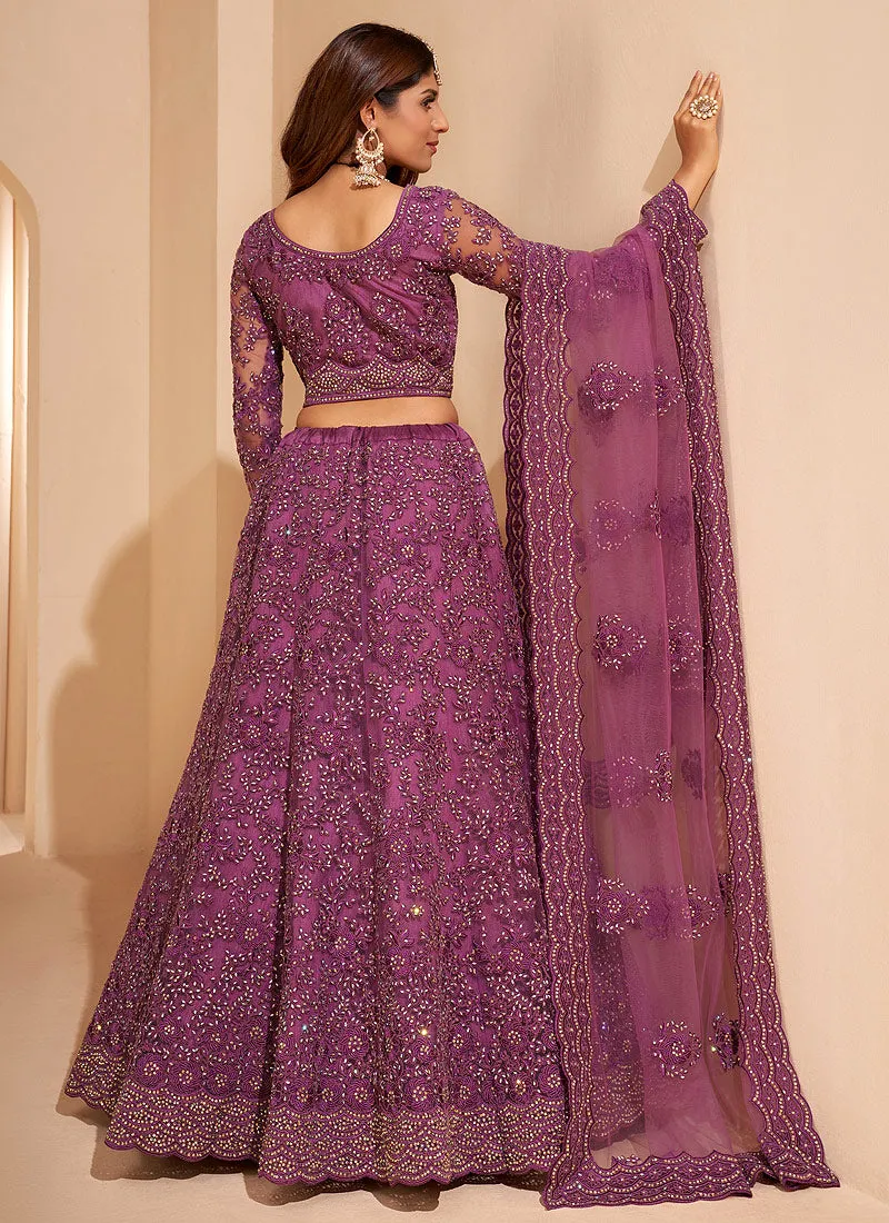 Purple Crystal Embroidered Wedding Lehenga Choli