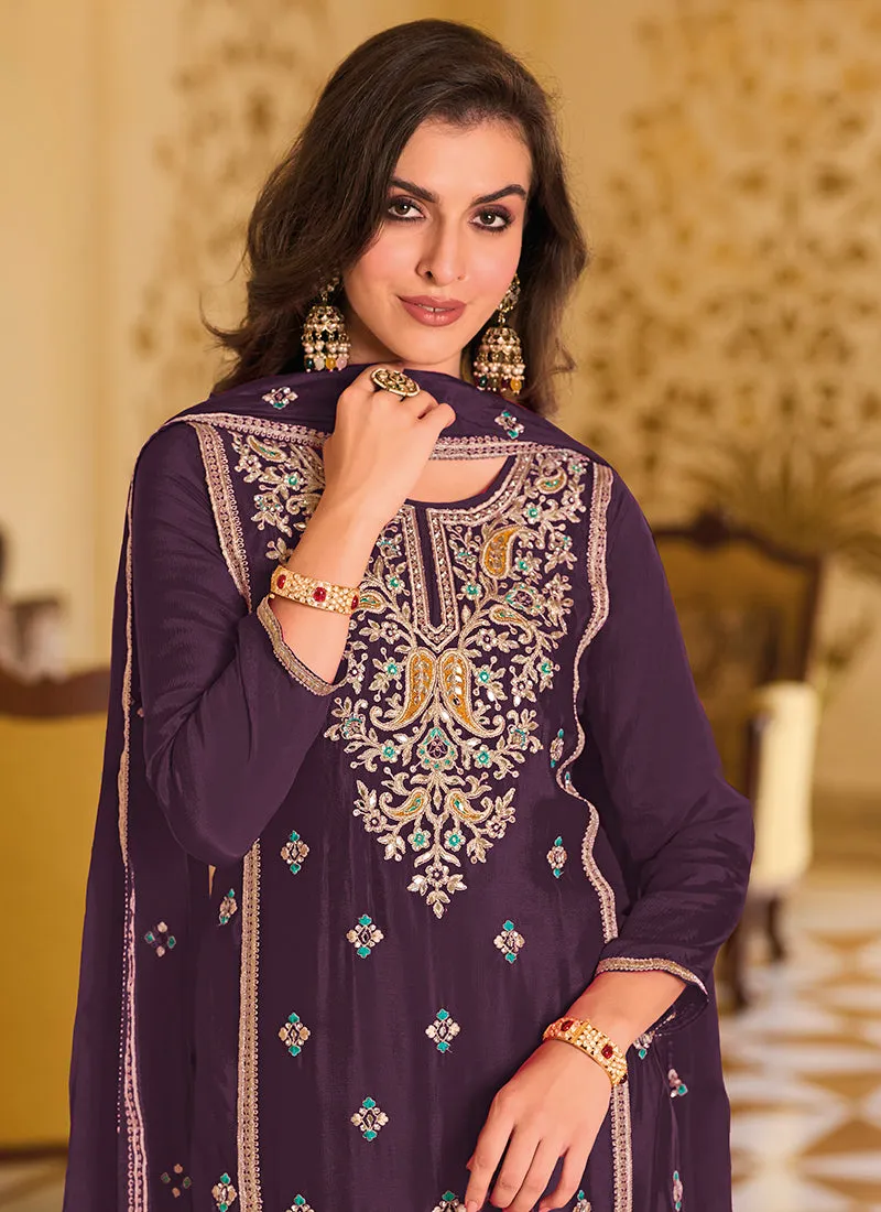 Purple Crystal Stone Embroidery Pant Style Suit