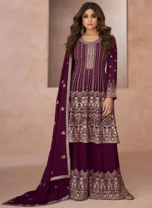 Purple Embroidery Festive Anarkali Palazzo Suit