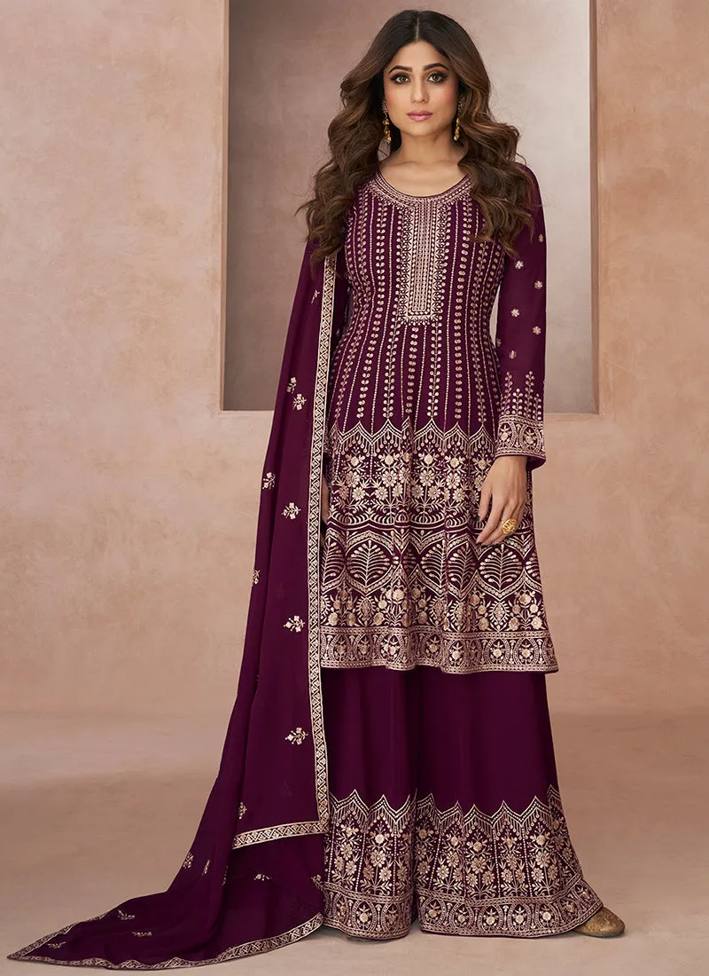 Purple Embroidery Festive Anarkali Palazzo Suit