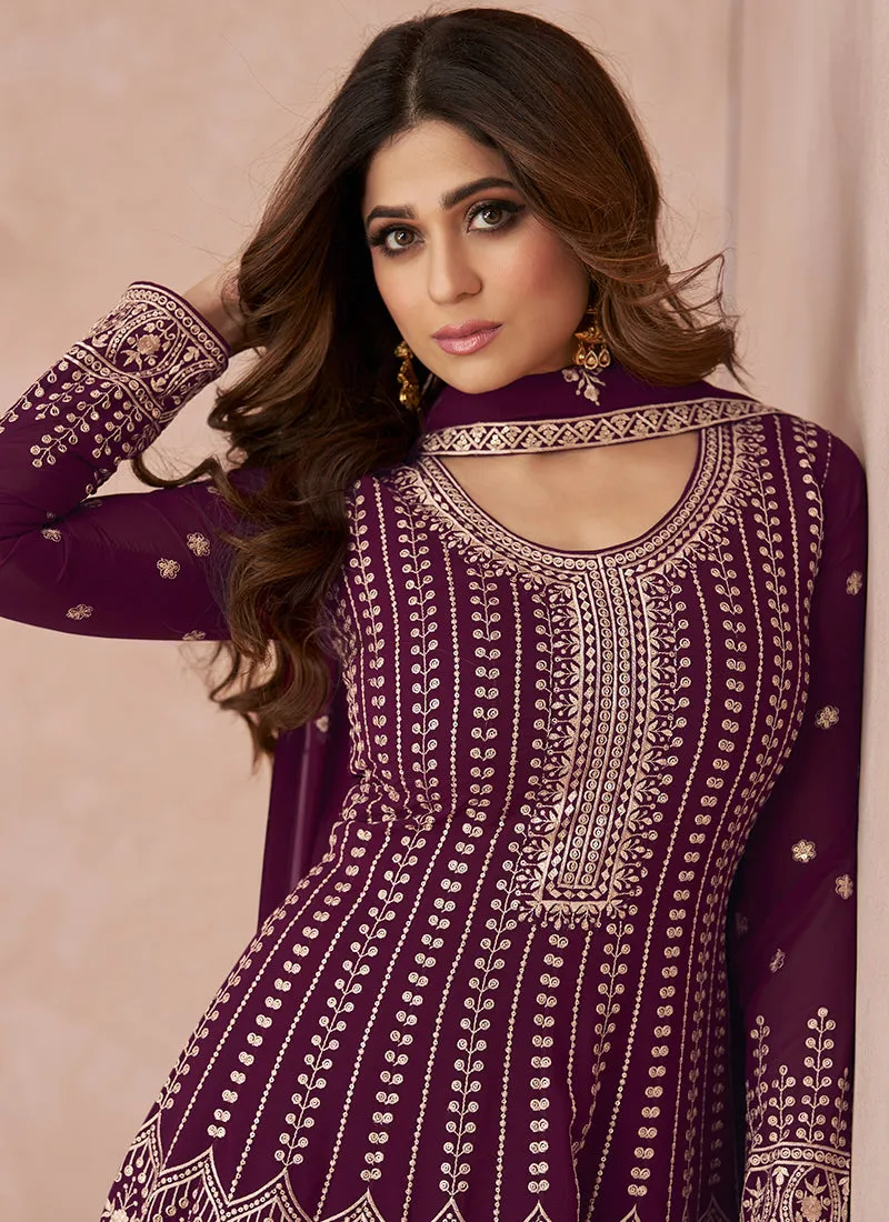 Purple Embroidery Festive Anarkali Palazzo Suit