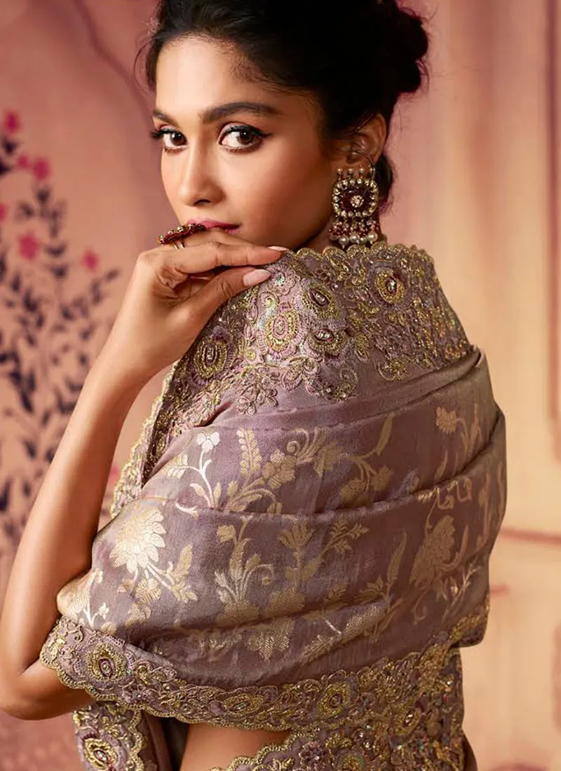 Purple Golden Sequence Embroidered Wedding Saree