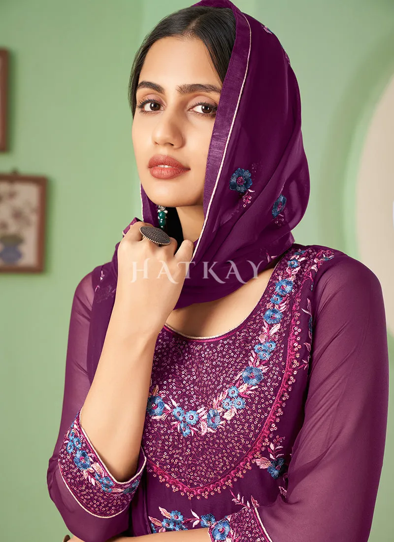 Purple Multi Embroidery Georgette Palazzo Suit