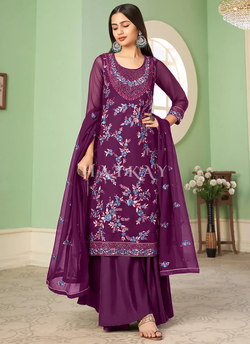 Purple Multi Embroidery Georgette Palazzo Suit