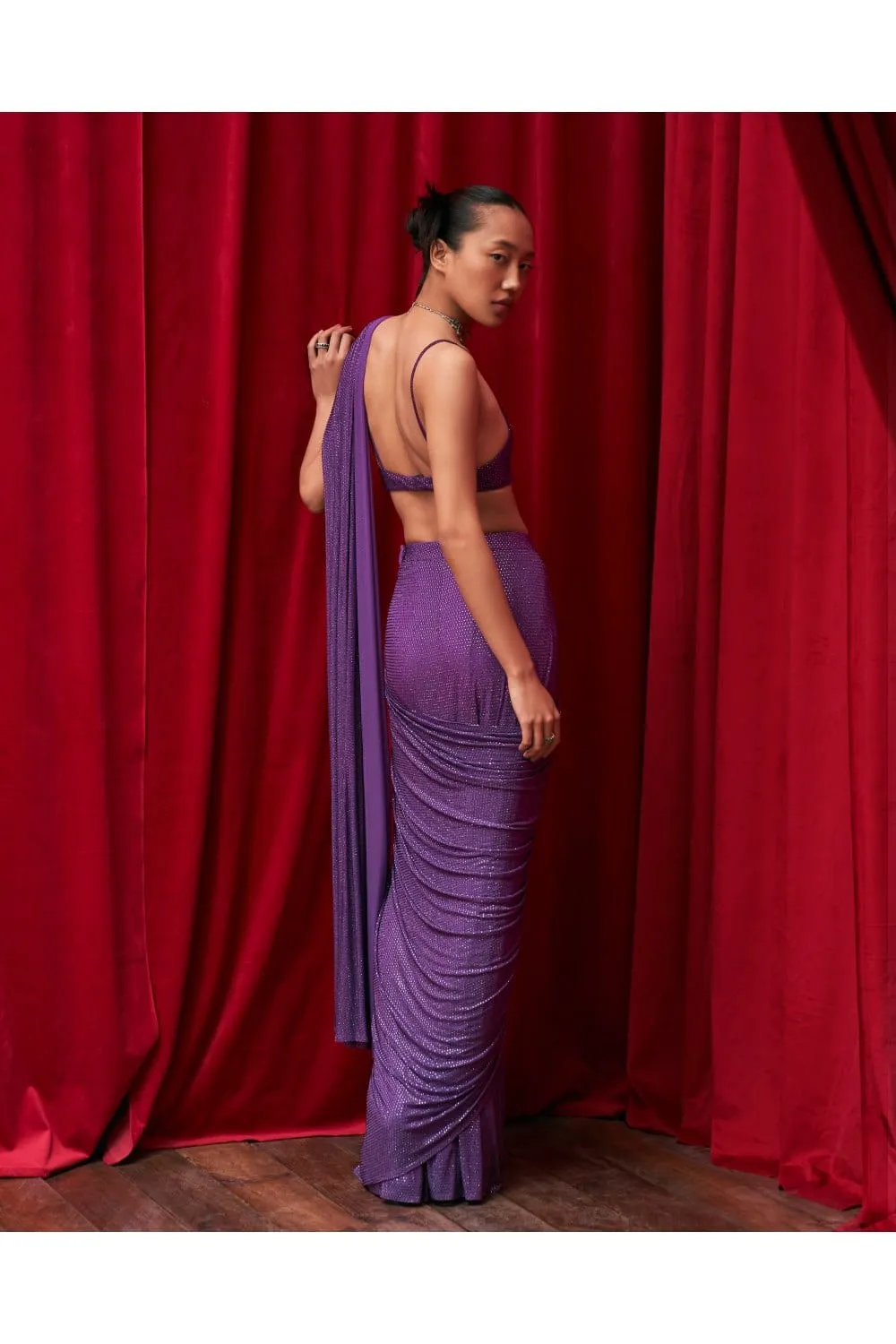 Purple Net Crystal Embellished Pre-Stitched Saree Set