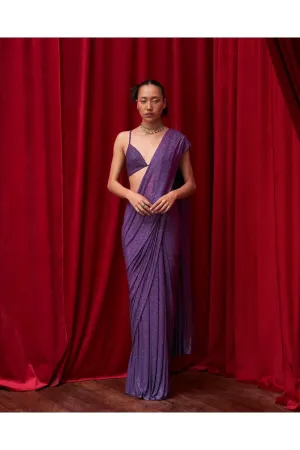 Purple Net Crystal Embellished Pre-Stitched Saree Set