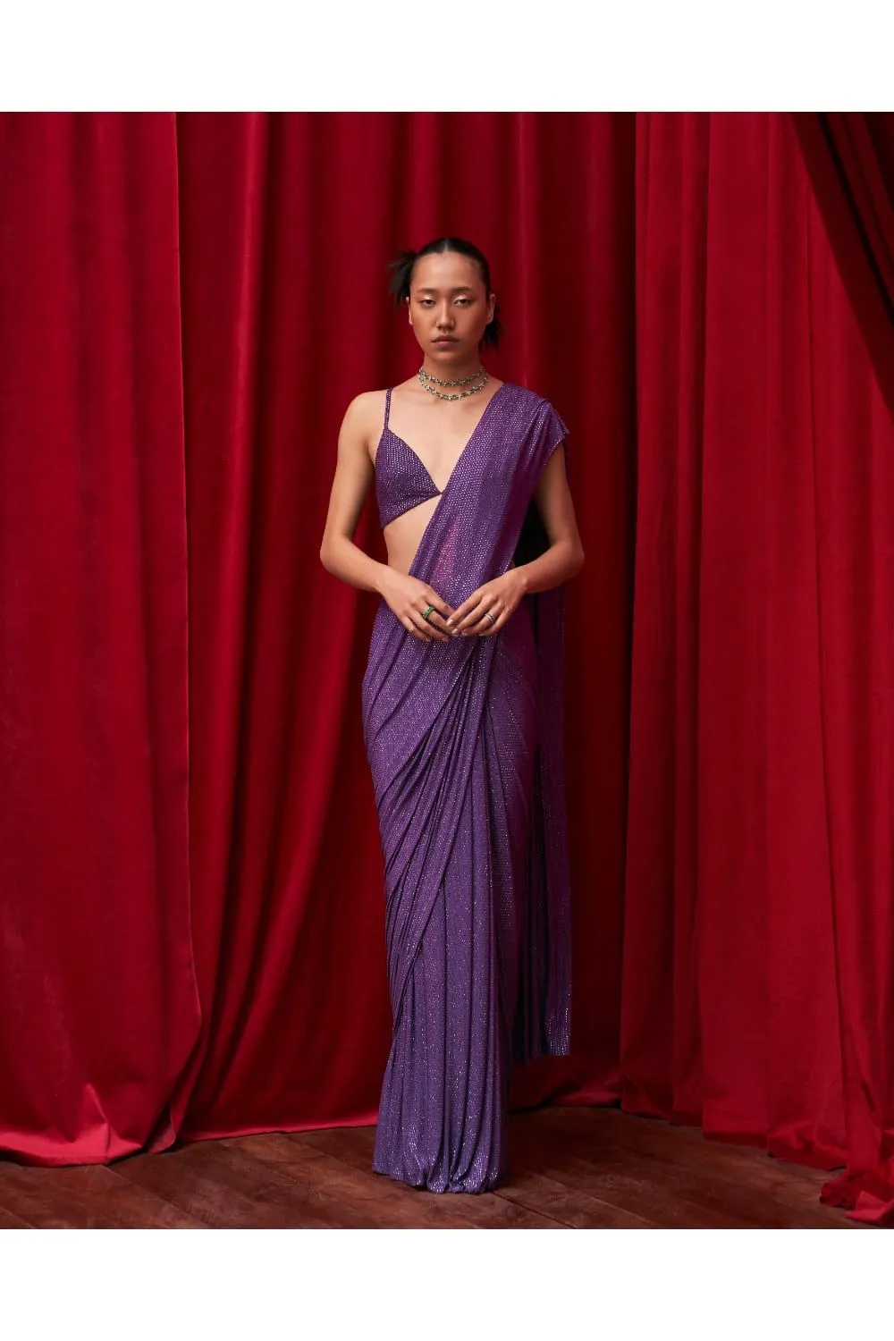 Purple Net Crystal Embellished Pre-Stitched Saree Set