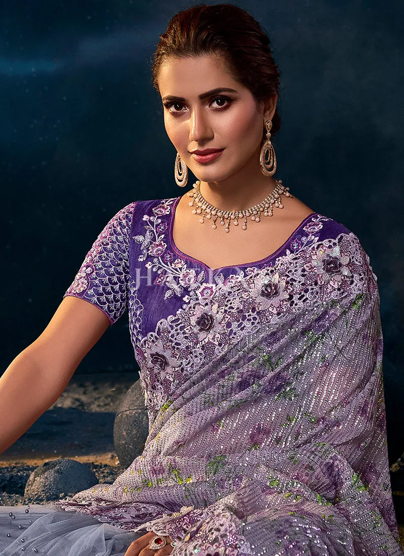 Purple Sequence Embroidered Festive Saree