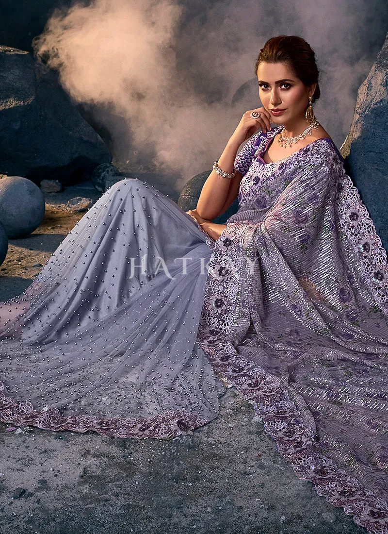 Purple Sequence Embroidered Festive Saree