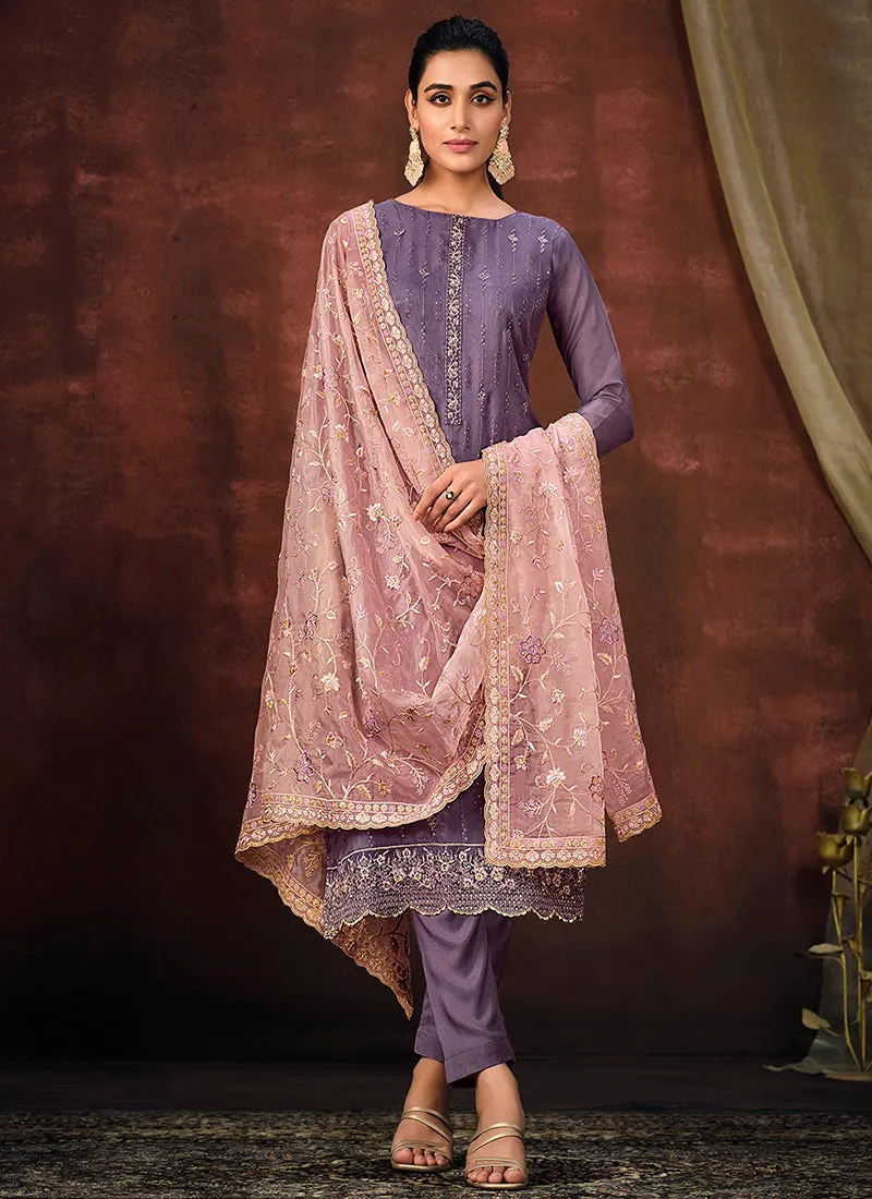 Purple Sequence Embroidery Pant Style Suit