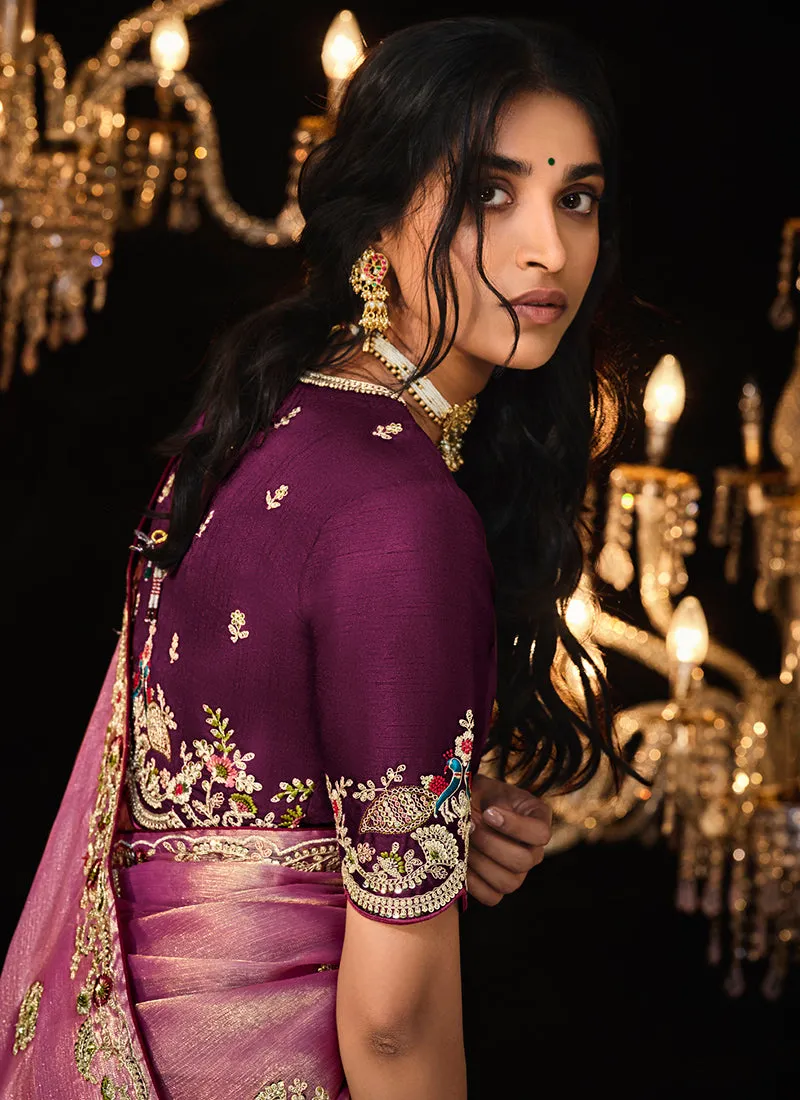 Purple Two Tone Reshamkari Embroidery Fancy Silk Saree
