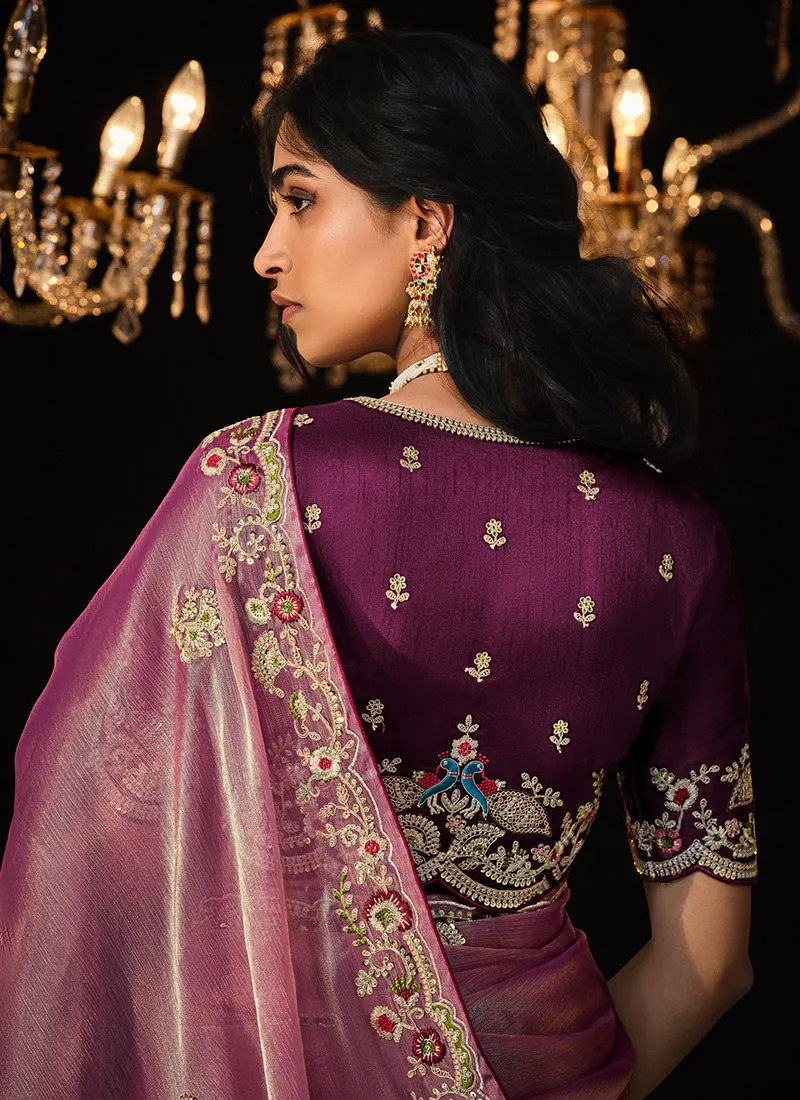 Purple Two Tone Reshamkari Embroidery Fancy Silk Saree