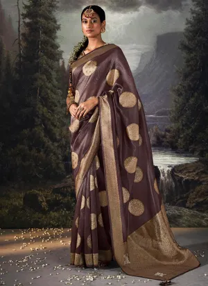 Purplish Brown Crystal Stone Embellished Brocade Silk Saree