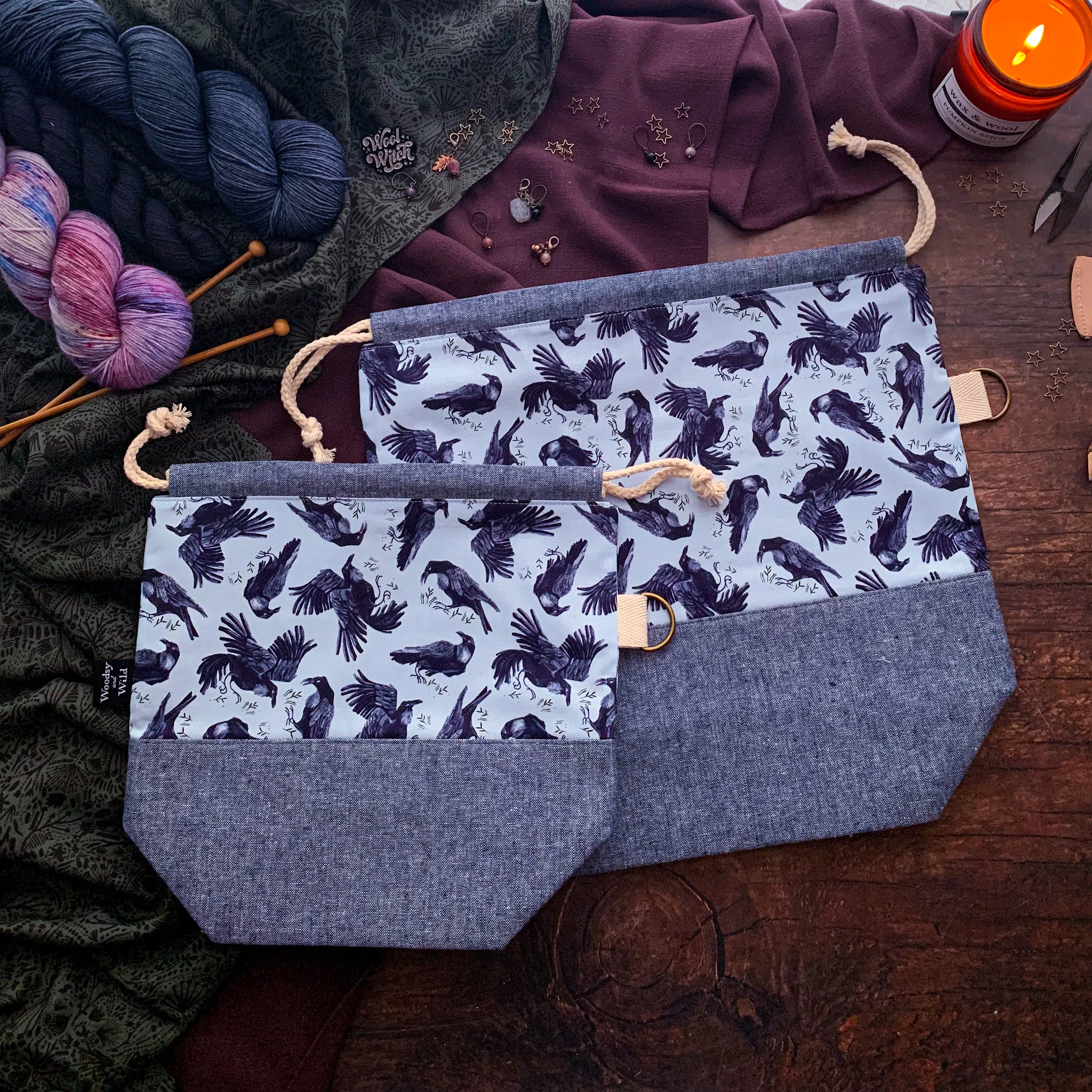 "Ravens"- Knitting Project Bag- Ready to Ship
