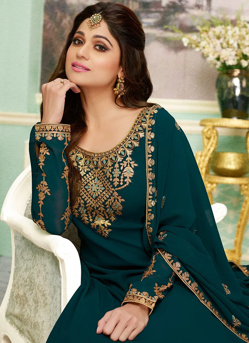 Rama Green Golden Embroidered Sharara Style Suit