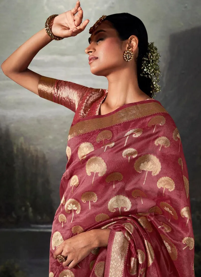 Rani Pink Crystal Stone Embellished Brocade Silk Saree
