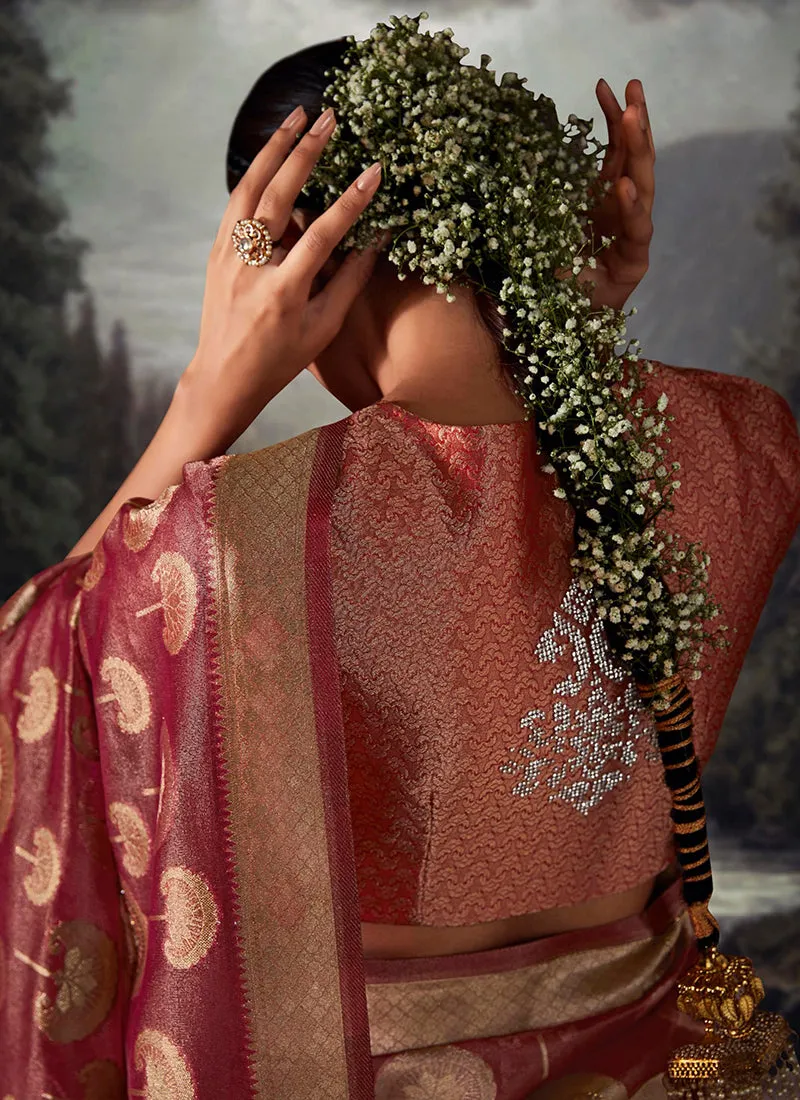 Rani Pink Crystal Stone Embellished Brocade Silk Saree