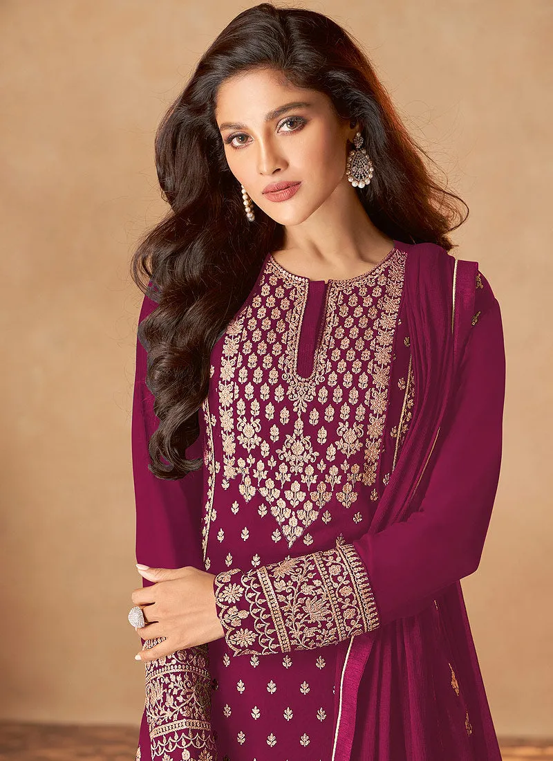Rani Pink Golden Embroidered Indian Designer Sharara Suit