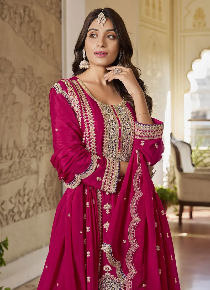 Rani Pink Multi Embroidery Anarkali Sharara Suit