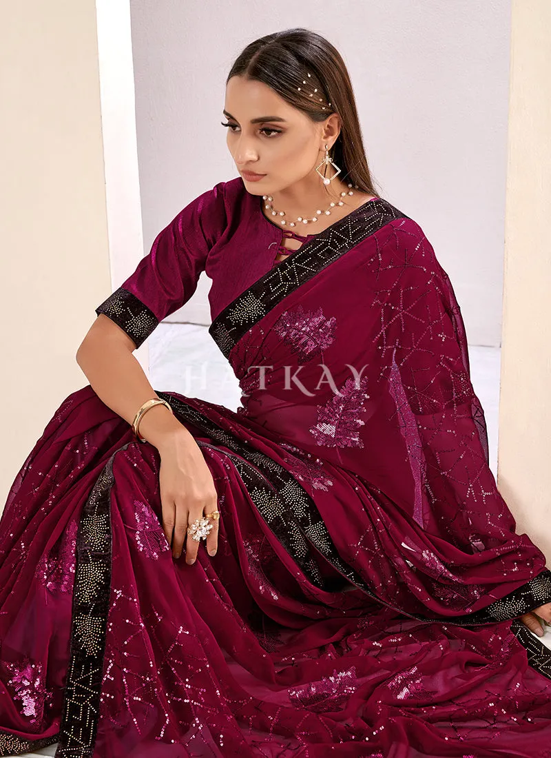 Rani Pink Sequence Embroidery Georgette Saree