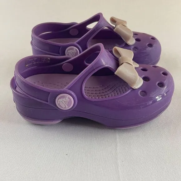 RARE Crocs Carlie Mary‎ Jane Bow Toddler Baby Girl Size 8 Purple Sandals Shoes