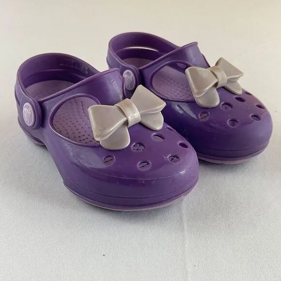 RARE Crocs Carlie Mary‎ Jane Bow Toddler Baby Girl Size 8 Purple Sandals Shoes